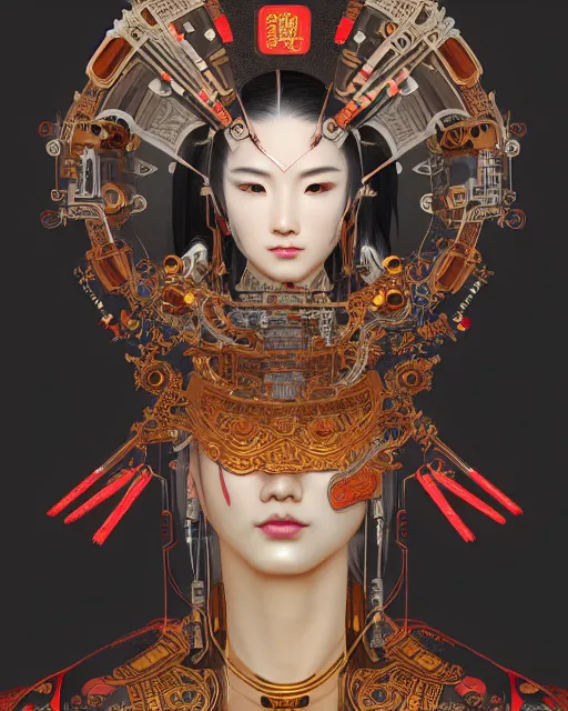 Image similar to portrait of a male cyberpunk machine, machine face, upper half portrait, decorated with chinese opera motifs, asian, fine china, wuxia, traditional chinese art, intricate, elegant, highly detailed, symmetry, headpiece, digital painting, artstation concept art smooth sharp focus, illustration, art by artgerm and greg rutkowski alphonse mucha 8 k