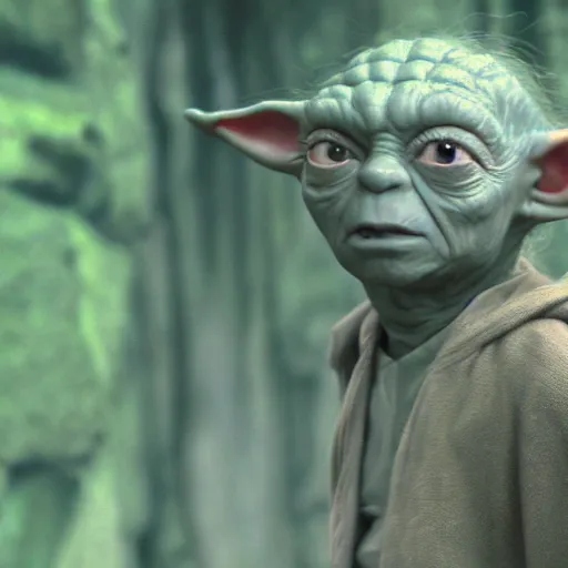 Image similar to A singular creature mix between Yoda and Gollum, center frame medium shot, shot on technicolor cinemascope 35mm anamorphic lense, flare, still from a movie