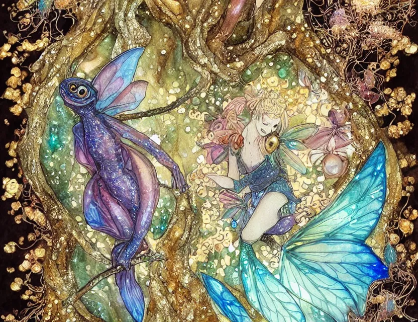 Prompt: faerie chameleon in a crystal cave. this watercolor and gold leaf work by the award - winning mangaka has a beautiful composition and intricate details.