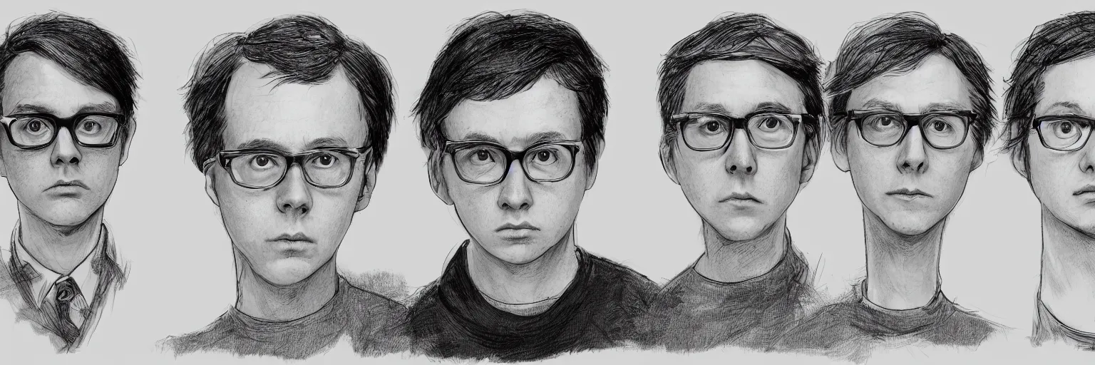 Image similar to character study of todd solondz and paul dano, 2 0 2 2, clear faces, emotional, character sheet, fine details, concept design, contrast, kim jung gi, pixar and da vinci, trending on artstation, 8 k, full body and head, turnaround, front view, back view, ultra wide angle