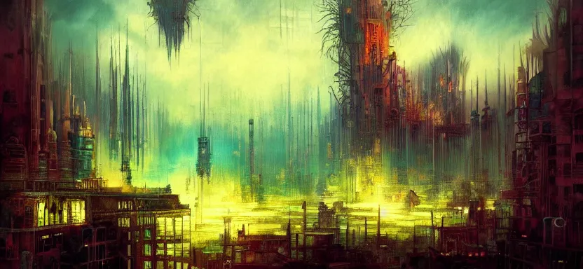 Prompt: beautiful masterpiece painting of a dystopian city under the sea, grunge cyberpunk, by Remedios Varo and Anato Finnstark and Greg Rutkowski, artgerm, 8k,