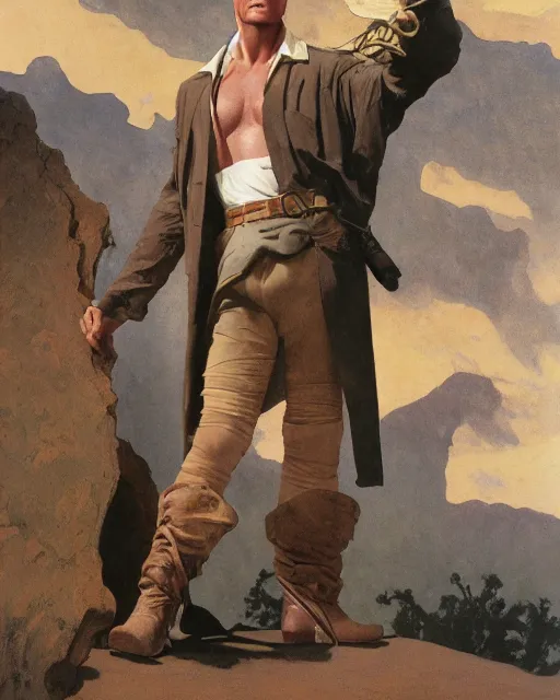 Image similar to doc savage in the desert wearing jodhpers and knee high boots, fantasy character portrait, ultra realistic, concept art, intricate details, highly detailed by soft light, volumetric light, misty, william adolphe bouguereau, munch, maxfield parrish, james bama, and frank frazetta