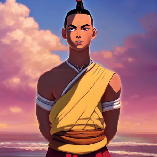 Image similar to beautiful serene intricate portrait of sokka from avatar the last airbender, smiling softly, relaxing on the beach, golden hour, soft focus, 8 k, art by irakli nadar, hyperrealism, hyperdetailed, ultra realistic