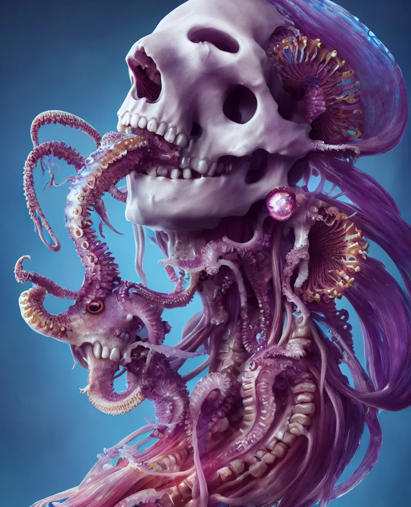 Image similar to goddess close - up portrait human skeleton, ram skull, squid phoenix jellyfish, orchid, betta fish, bioluminiscent, intricate artwork by tooth wu and wlop and beeple. octane render, trending on artstation, greg rutkowski very coherent symmetrical artwork. cinematic, hyper realism, high detail, octane render, 8 k