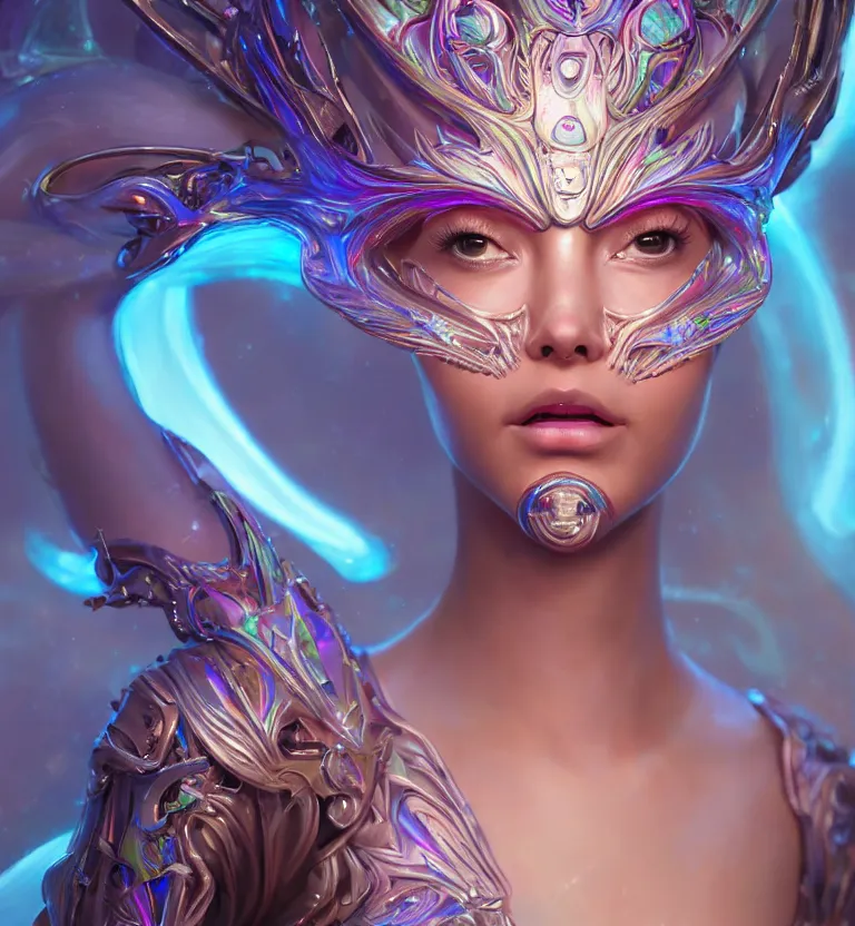 Image similar to iridescent close-up portrait of a beautiful princess in robe. biomechanical mask. bio luminescent biomechanical halo around head. artwork by jarold Sng by artgerm, by Eddie Mendoza, by Peter mohrbacher by tooth wu, unreal engine, octane render, cinematic light, high details, iridescent colors, dichroic, macro, 4l