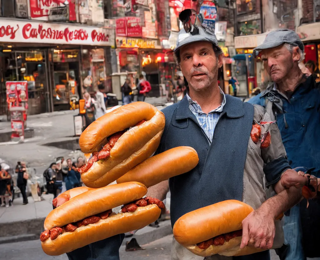 Image similar to closeup portrait of a man carrying a giant hotdog, smoky new york back street, by Annie Leibovitz and Steve McCurry, natural light, detailed face, CANON Eos C300, ƒ1.8, 35mm, 8K, medium-format print