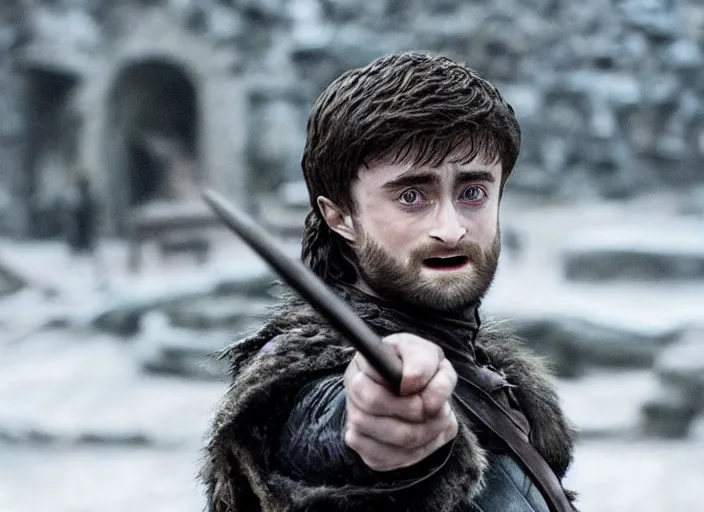 Image similar to daniel radcliffe as gelthinors in game of thrones, holding out a wand, live action film, cinematic photo, clear hd image