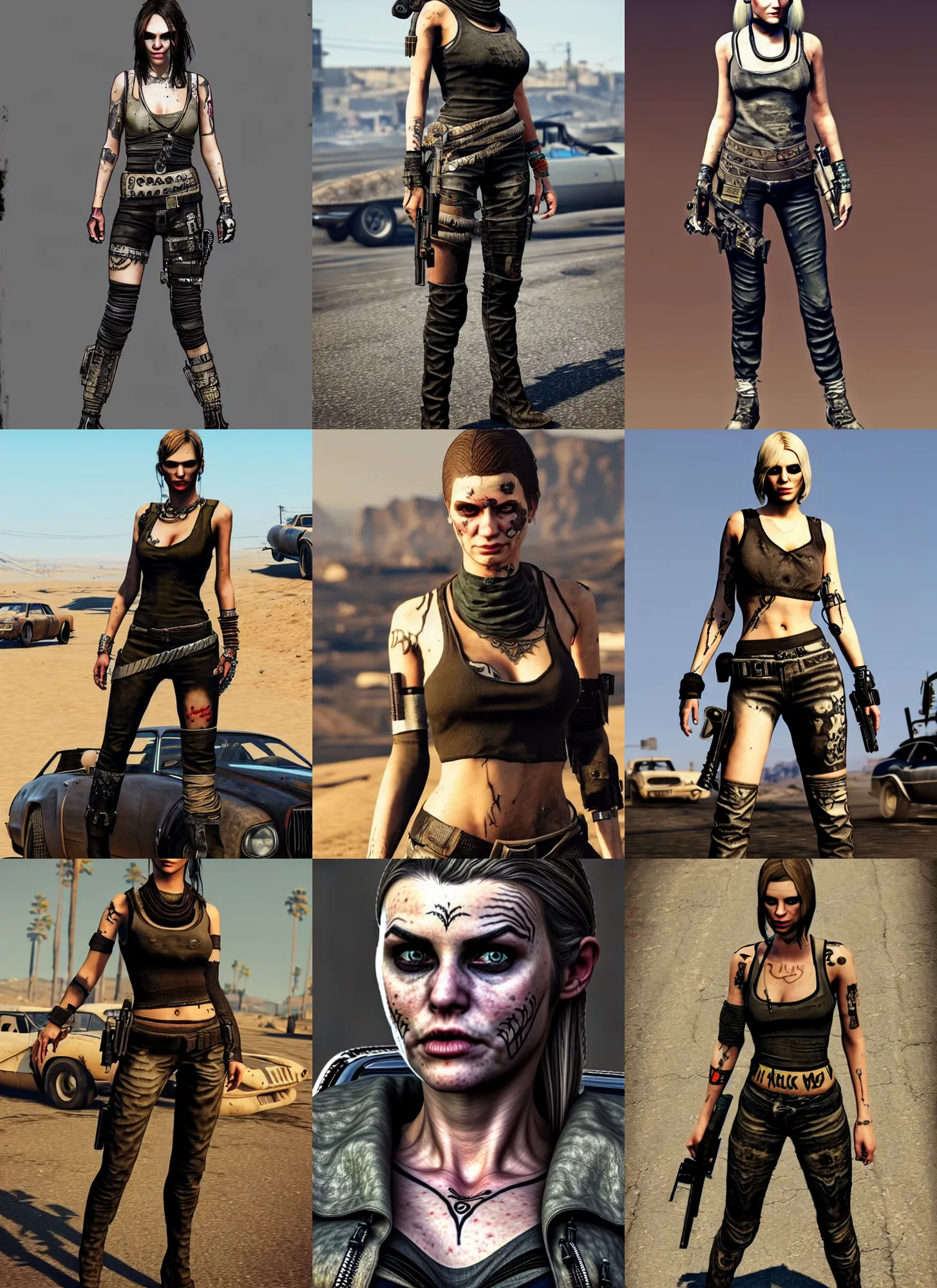 Prompt: detailed full body concept, gta 5 style mad max female with beautiful face and eyes wearing intricate clothing