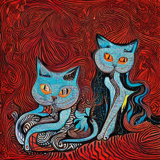 Prompt: A highly stylized conceptual art 4k shaded, finely detailed, matte illustration with intricate patterns of two abstract expressionist cats , their bodies intertwined together in the style of Kandinksy