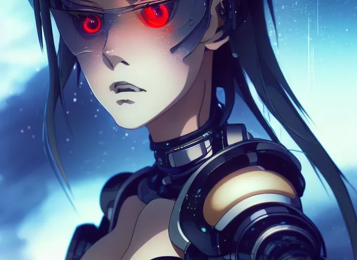 Image similar to a anime portrait of a cyborg woman, finely detailed features, closeup at the face, sharp focus, aesthetically pleasing art, night time city background, cinematic lighting, highly detailed, intricate, smooth, anime!! artstation, trending on pixiv fanbox, painted by greg rutkowski and studio ghibli and yoji shinkawa and hayao miyazaki,