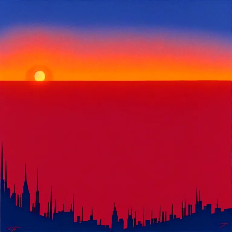 Image similar to birdseye view of a sunrise over a city, art by eyvind earle