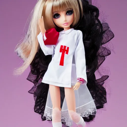 Prompt: anime barbie doll, nurse costume, full length, high heels, lace, stockings, rim of leather hare ears on the head