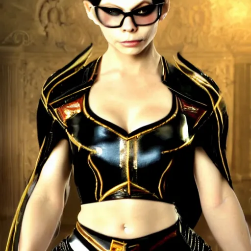 Image similar to a young myanna buring as bayonetta, 8 k resolution hyperdetailed photo realistic, extremely high quality and life like