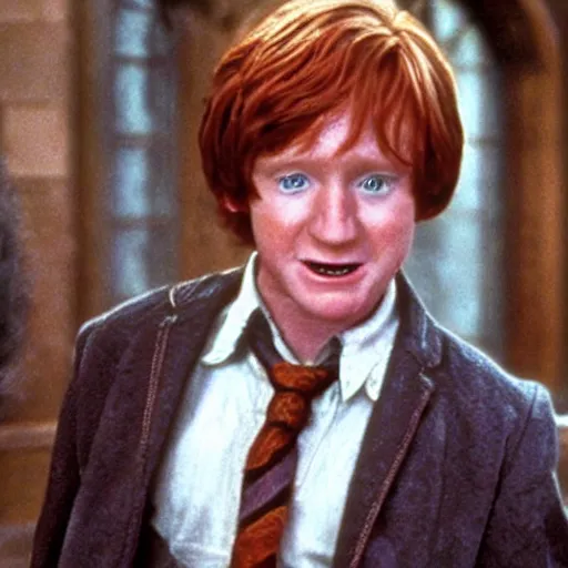 Prompt: Robin Williams playing Ron Weasley in Harry Potter, screenshot