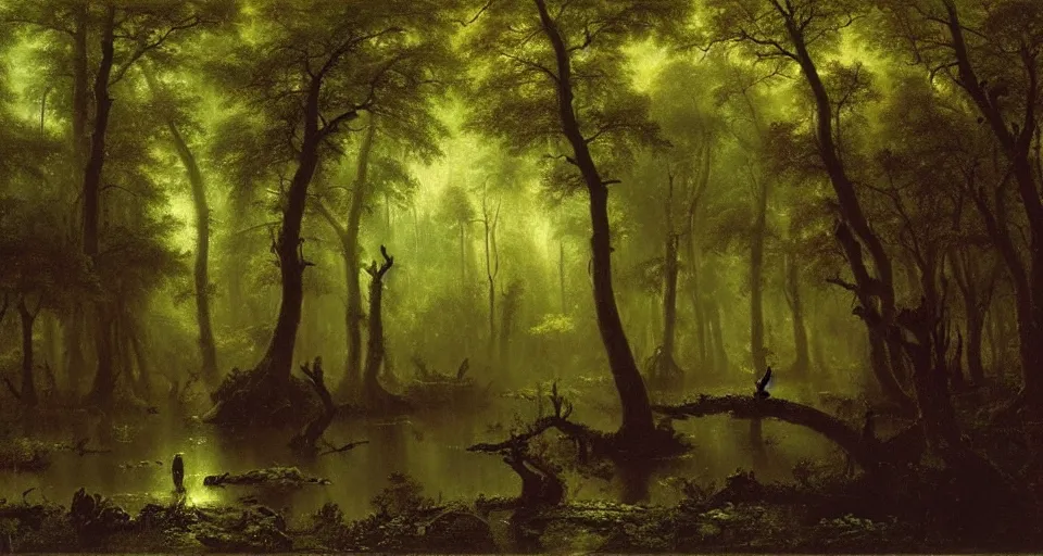 Image similar to A dense and dark enchanted forest with a swamp, by Albert Bierstadt,