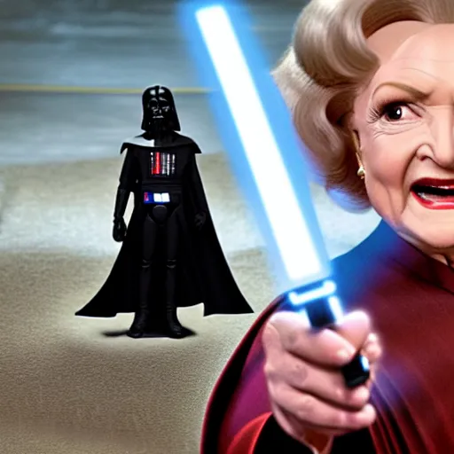 Prompt: betty white in'star wars'as a sith lord, full body, cinematic scene, cinematic lighting, 1 4 mm
