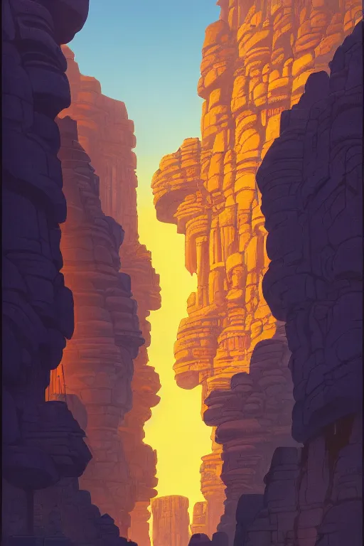 Image similar to ancient temple glowing yellow in a canyon, light streaks in a blue sky, dramatic lighting, artstation, matte painting, ralph mcquarrie, simon stalenhag