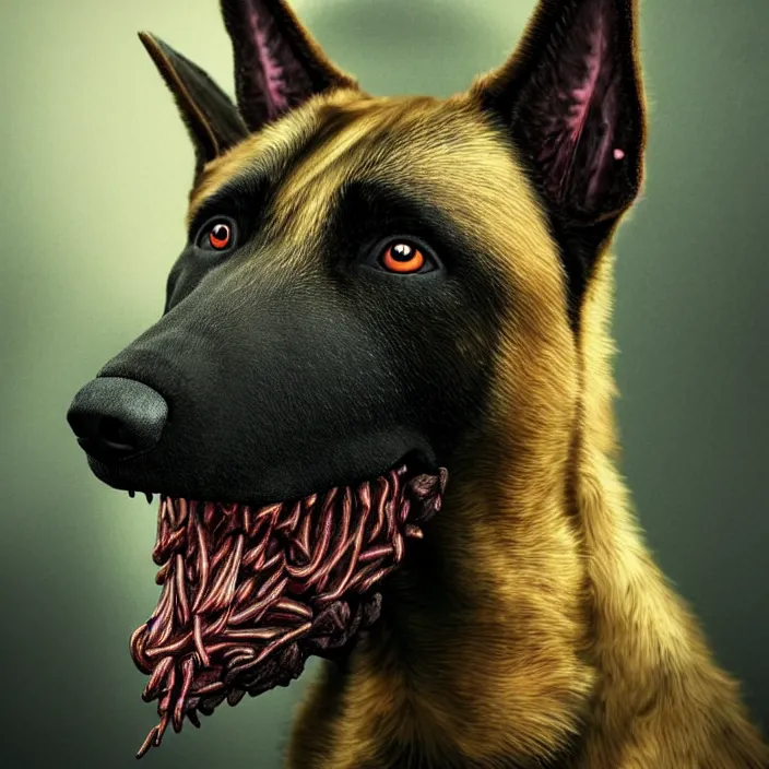 Image similar to portrait of belgian malinois as zombie. intricate abstract. intricate artwork. by Tooth Wu, wlop, beeple, dan mumford. octane render, trending on artstation, greg rutkowski, very coherent symmetrical artwork. cinematic, hyper realism, high detail, octane render, 8k, iridescent accents, deep blacks