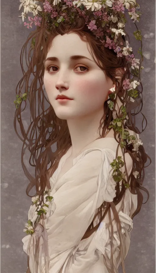 Prompt: elegant, cute girl portrait with open chest white ancient clothes with flovers by alphonse mucha, and octane render