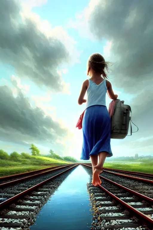 Image similar to on reflective water a barefoot girl carries her shoes, underwater train tracks, there is a train station in the distance and large white clouds on a wide horizon, intricate, elegant, highly detailed, digital photo, artstation, concept art, smooth, sharp focus, low angle photo, art by artgerm and greg rutkowski and fra angelico