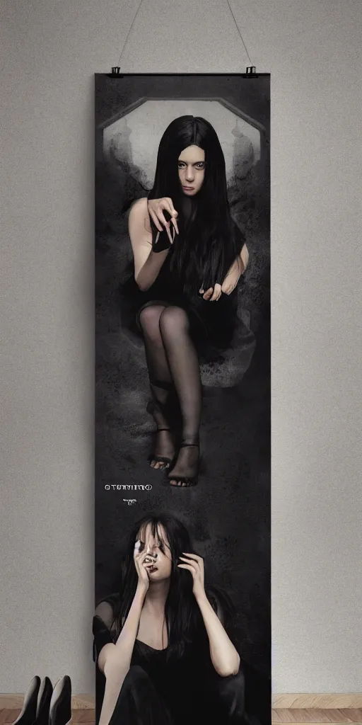 Prompt: character poster of young girl with straight long black hair wearing black dress sitting in bathroom floor, poster by artgem, greg rutkowski and mario testino