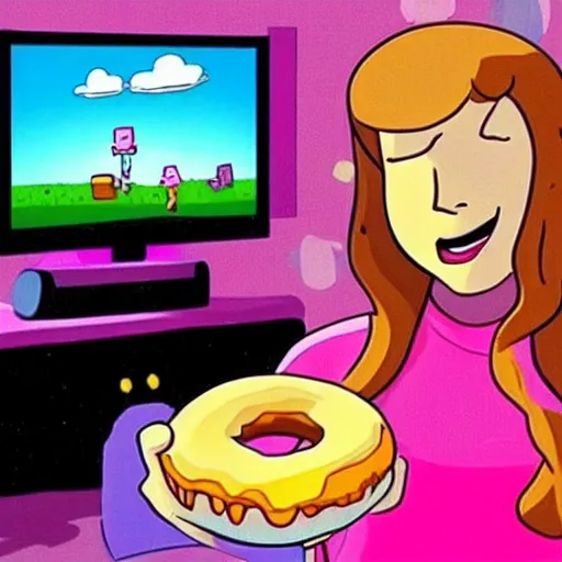 Image similar to A tv that has Mabel Pines!!!!!!! from Gravity falls tv show eating a donut on the tv