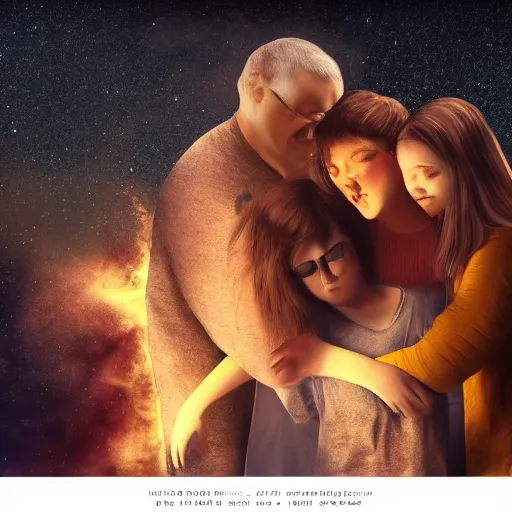 Prompt: A family hugging each other for the last time as the world is ending, meteors are falling from the sky, everything is on fire, dramatic lighting, digital art, very very very very very very beautiful, 8K, dark lighting, trending on Artstation, award winning”