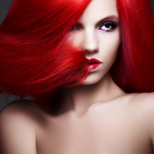 Image similar to Portrait of a young, stunningly beautiful woman with hair color divided into red and white on both sides, award-winning photo, 4k, 8k, studio lighting, Nikon D6, 35mm,