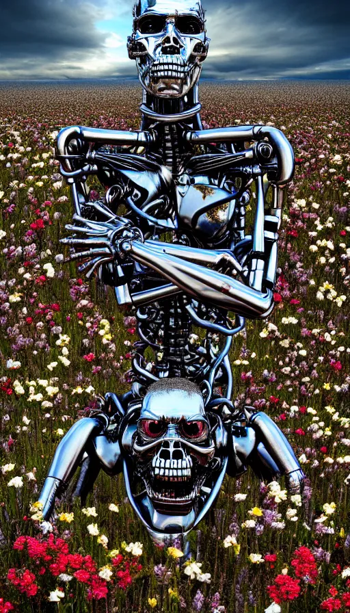 Image similar to destroyed terminator lying in a field of flowers, twisted metal, chrome, reflections, earth, terrible, anthropomorphic, photorealism, smoke, metal, 8 k, surreal, wires, smooth, sharp focus, top view, extremely detailed, ultra - realism, elegant, establishing shot, epic, by jeff koons, artgerm and greg rutkowski