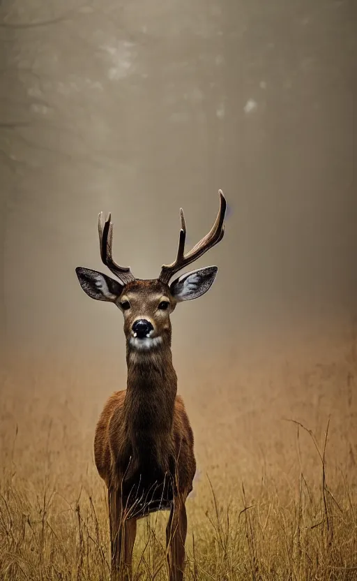 Prompt: a portrait of a mighty and deer with antlers looking straight in the camera, there is tall grass, dark forest in the background, phenomenal photography, ambient light, sunrays from the left, fog, 8 5 mm f 1. 8, composition by robert capa