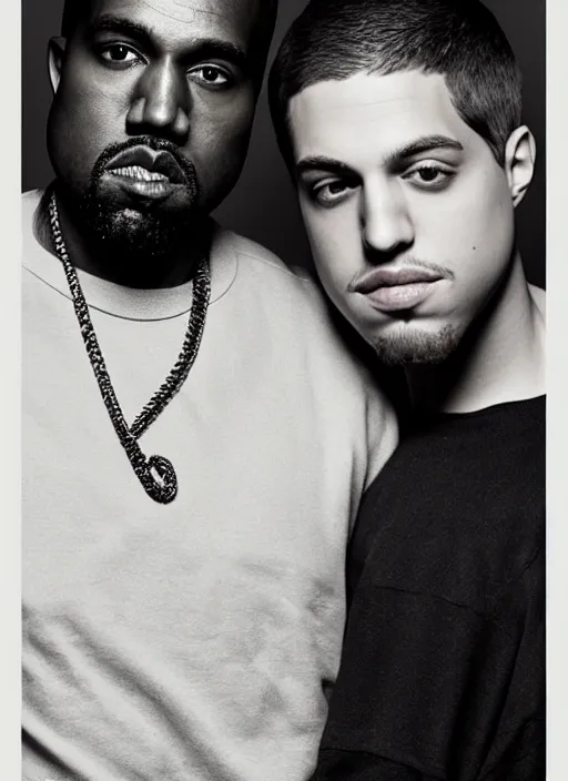 Image similar to portrait of kanye west and pete davidson, for vogue magazine, by charlotte grimm, natural light, detailed face, beautiful features, symmetrical, highly detailed, highly realistic, high resolution, canon eos c 3 0 0, ƒ 1. 8, 3 5 mm, 8 k, medium - format print, half body shot