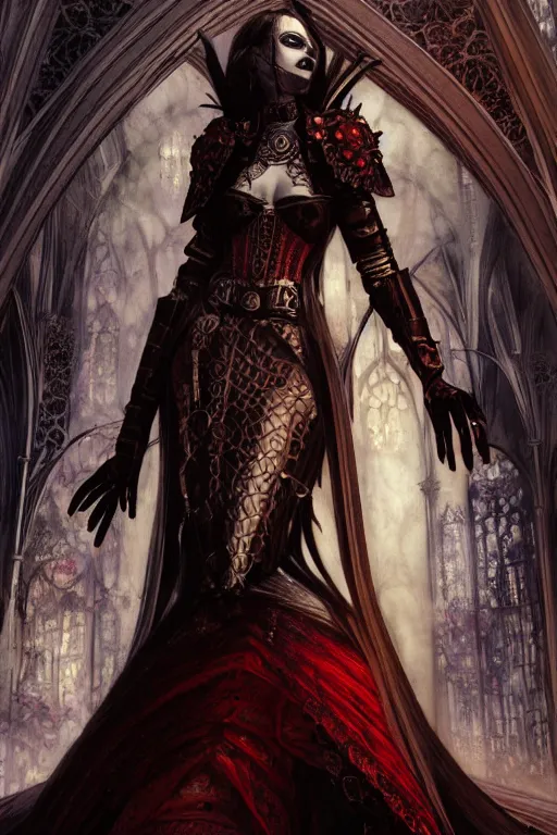 Prompt: beautiful luxury and gothic and victorian and evil medieval female reddish and black color armor knight portrait+smoky eyes+light flowing hair, in ruin gothic cathedral, ultradetail face, art and illustration by tian zi and craig mullins and WLOP and alphonse mucha, fantasy, intricate complexity, human structure, fantasy world concept, watermark, blurry, hyperrealism 8k