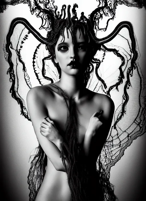 Prompt: surreal mythical dreamy dark artistic black and white fine art photo of a beautiful young female angel - medusa - mermaid - cyborg covered with translucent algae, highly detailed, lace web, rim light, cinematic, studio dramatic light, poetic, octane render, 8 k, photo - realistic, by floria sigismondi