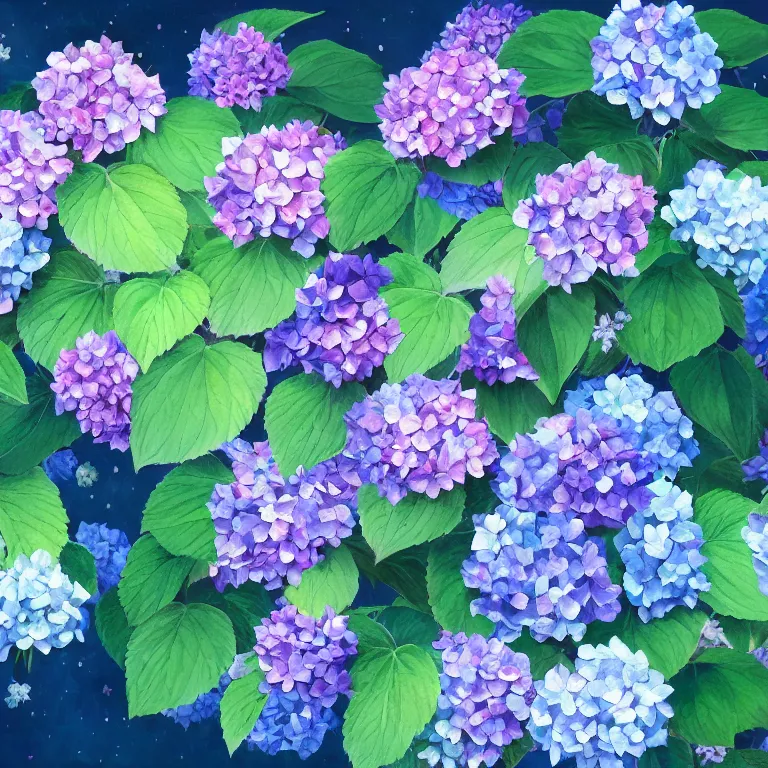 Image similar to a beautiful painting of hydrangea, clematis theme logo, clematis theme banner, clematis design, clematis in the deep sea, clematis like stars in the sky, hydrangea, trending on artstation, warm light, lovely and cute, fantasy art, 8 k resolution, highly detailed