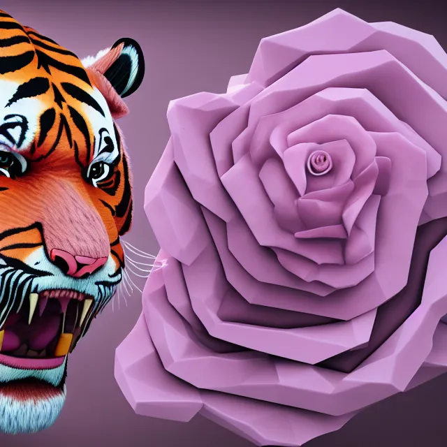 Prompt: 4 k 3 d render of a gigantic tiger made of crystaline rose quartz