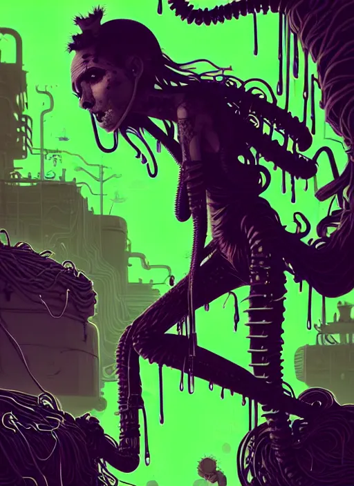 Image similar to highly detailed portrait of an angry wasteland punk long dripping green poison hair tribal lady, stray wiring by atey ghailan, james gilleard, by joe fenton, by greg rutkowski, by greg tocchini, by kaethe butcher, 4 k resolution, gradient purple, brown black and white color scheme!!! ( ( green flaming robotic sewer background ) )