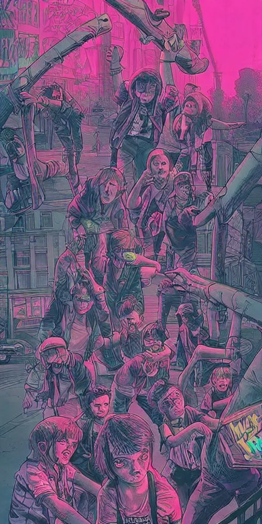 Image similar to young punk rockers fighting against zombies at the playground, by baseball bat in the retro wave stranger things style, neon colors, hyper detailed, digital art, cinematic lighting, concept art by artgerm and greg rutkowski and caravaggio and moebius and jakub rebelka