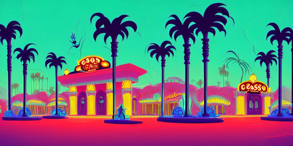 Prompt: curled perspective digital art of casino entrance with marble columns and palmtrees by anton fadeev from nightmare before christmas