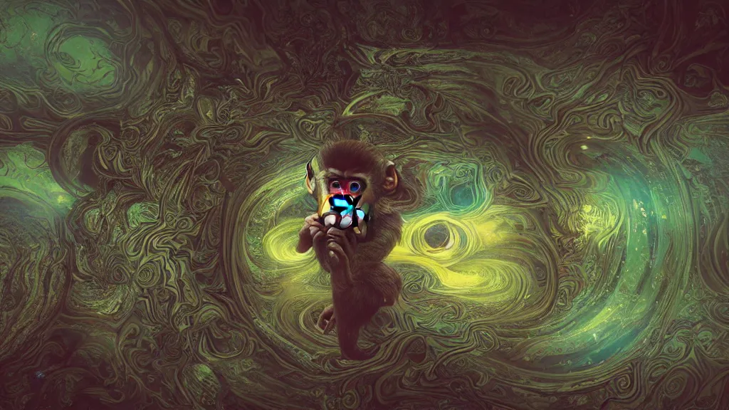 Prompt: A well composed portrait of a wide eyed monkey, shrouded in lsd visuals dmt visuals shroom visuals a monkey face spirals and fractal designs infinity, by anato finnstark and moebius and beeple and in the middle a portal back to reality, filmic, cinematic, into the void, octane render, pbr, path based rendering, volumetric clouds, particle physics, glorious