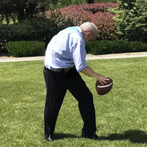 Prompt: an elderly man in dress shirt tie and pants surprised with a 🏈 at his groin on the front lawn. long shot. side view