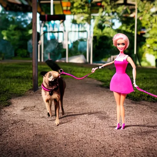 Image similar to barbie walking her dog in an abandoned amusement park