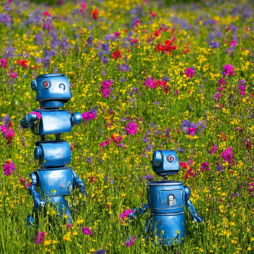 Prompt: a tin can robot in a colourful flower meadow in the alps, sunny weather, Carl Zeiss 85mm lens, bokeh