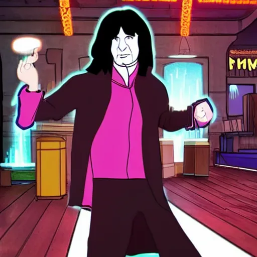 Image similar to Severus Snape dances hip hop in a bar, neon, realistic, full body, very detailed, super realistic, dramatic