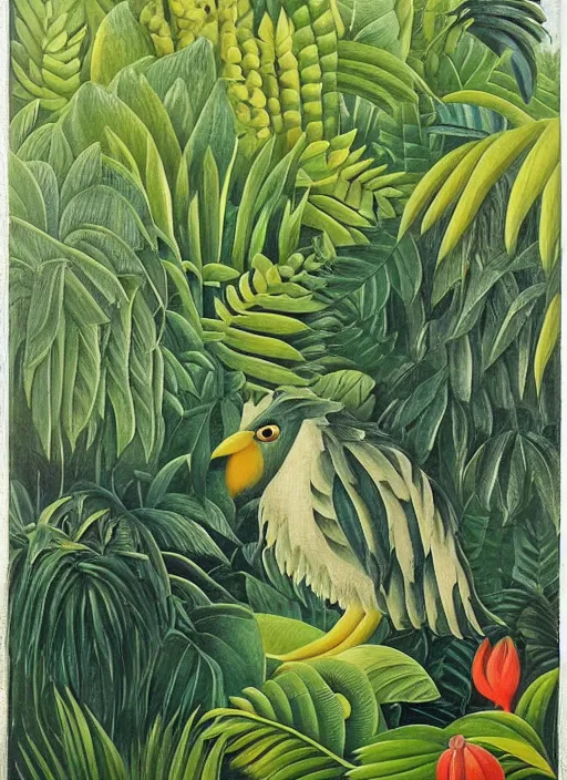 Prompt: rare bird in the jungle, highly detailed, style of henri rousseau