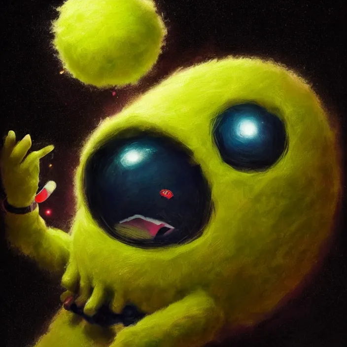 Image similar to cinematic portrait of a cute tennis ball monster in the abyss of space, chalk, masterpiece, trending on artstation, featured on pixiv, cinematic composition, dramatic pose, beautiful lighting, sharp details, hyper-detailed, HD, HDR, 4K, 8K, art by Basil Gogos