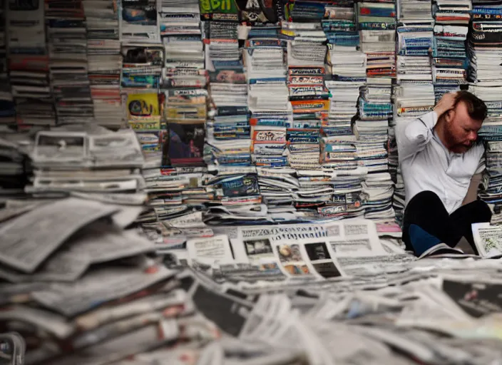 Image similar to dslr photo still of alex jones sitting depressed in a room filled to the ceiling with newspapers, 5 2 mm f 5. 6