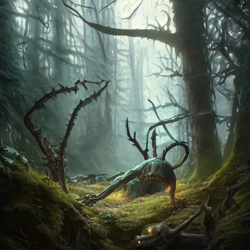 Image similar to highly detailed creepy creature in the forest, stephen bliss, unreal engine, fantasy art by greg rutkowski, loish, rhads, ferdinand knab, makoto shinkai and lois van baarle, ilya kuvshinov, rossdraws, tom bagshaw, global illumination, radiant light, detailed and intricate environment