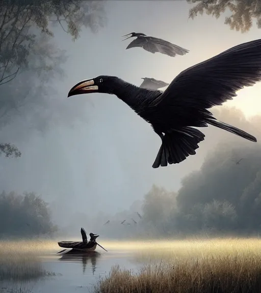 Prompt: three long beak crows in a little boat in a swamp, long legs, volumetric lighting, majestic light, octane render, ethereal glare of the sun, hyperrealistic, epic, masterpiece, by greg rutkowski