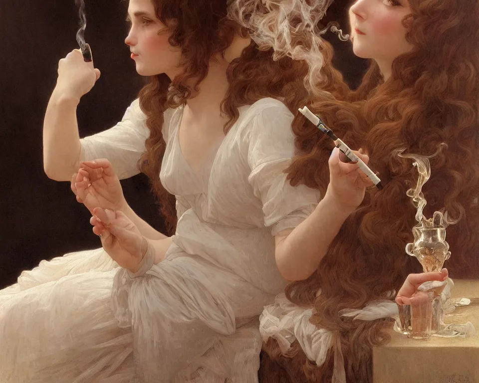 Image similar to portrait shot of ragdoll cat smoking cigarette, intricate, elegant, highly detailed, 1 9 2 0's style speakeasy, digital painting, artstation, concept art, smooth, sharp focus, illustration, art by artgerm and greg rutkowski and alphonse mucha and william - adolphe bouguereau