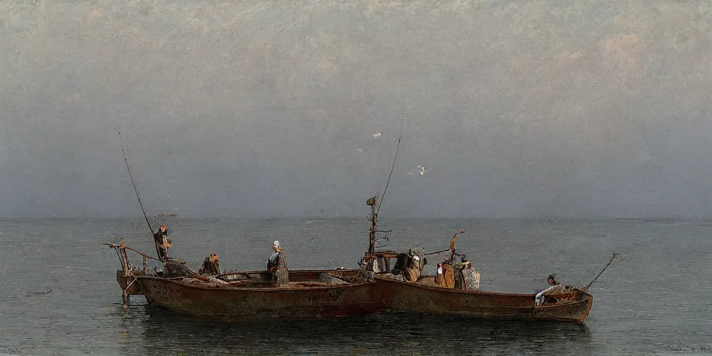 Image similar to rising sun ( ( ( fishing cormorant, fishing boat ) ) ) on the naples bay, by paul gustav fisher and moebius